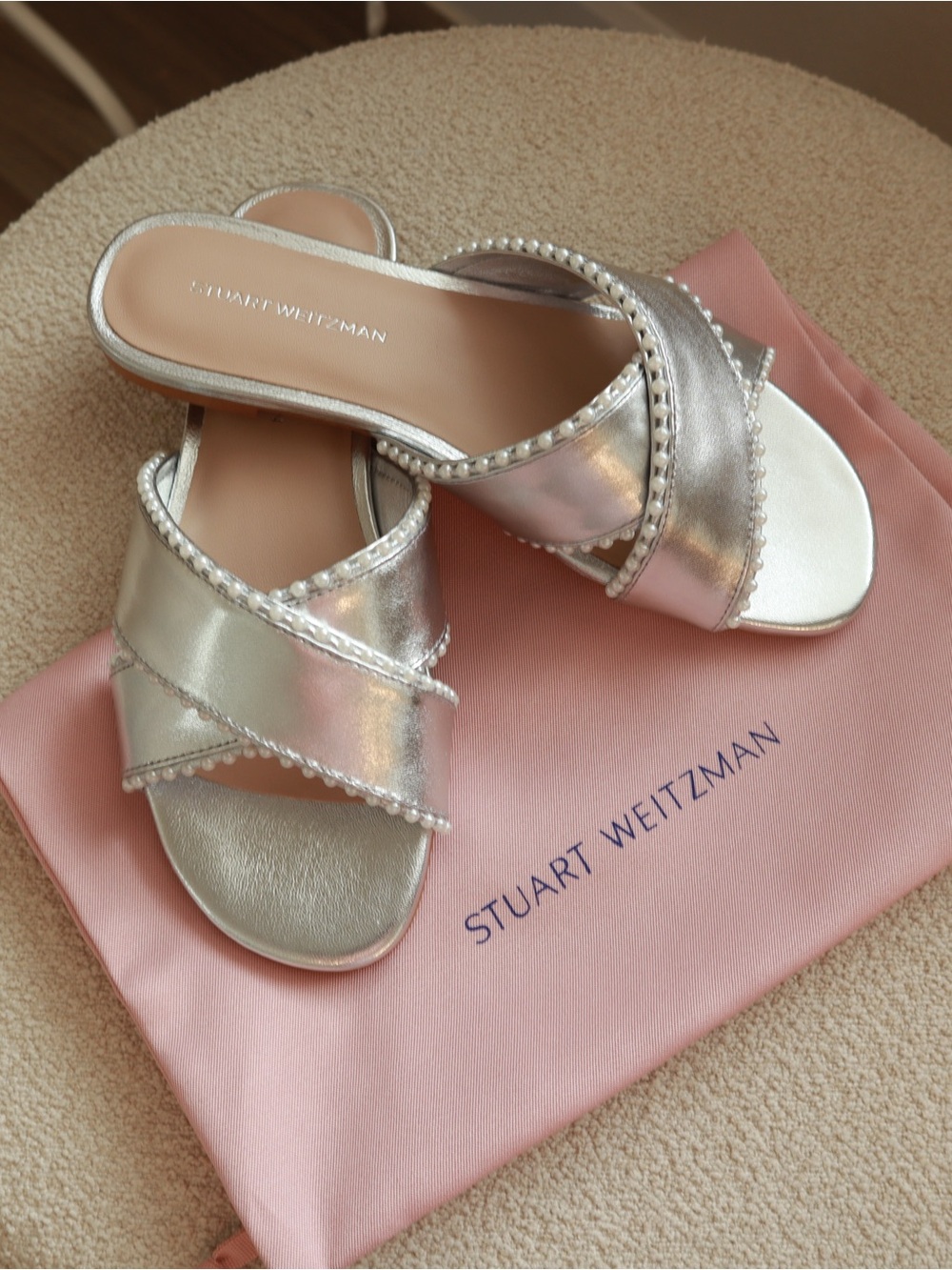 Stuart Weitzman Roza Pearl Slide Sandals in Silver size 5.5